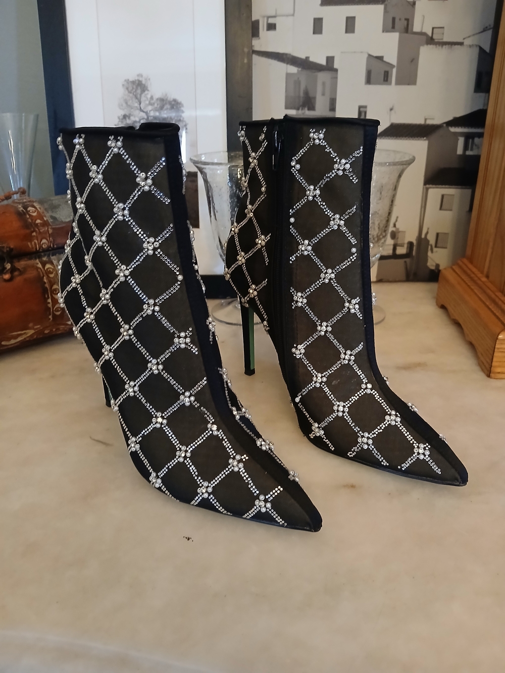 Brand New Betsey Johnson "LARKK" Black Embellished Mesh Stiletto Ankle Boots